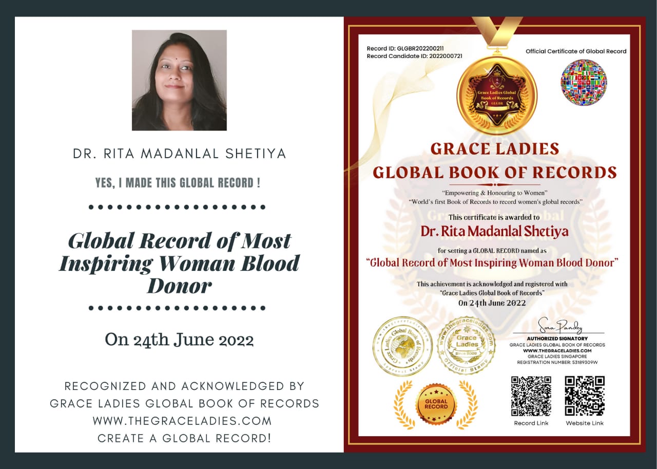 डॉ. रिता मदनलाल शेटीया यांची 'ग्लोबल बुक ऑफ रेकॉर्ड' मध्ये नोंद